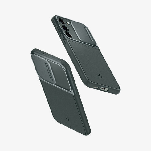 ACS05639 - Galaxy S23 Ultra Case Optik Armor in black showing the back with lens protector slot open